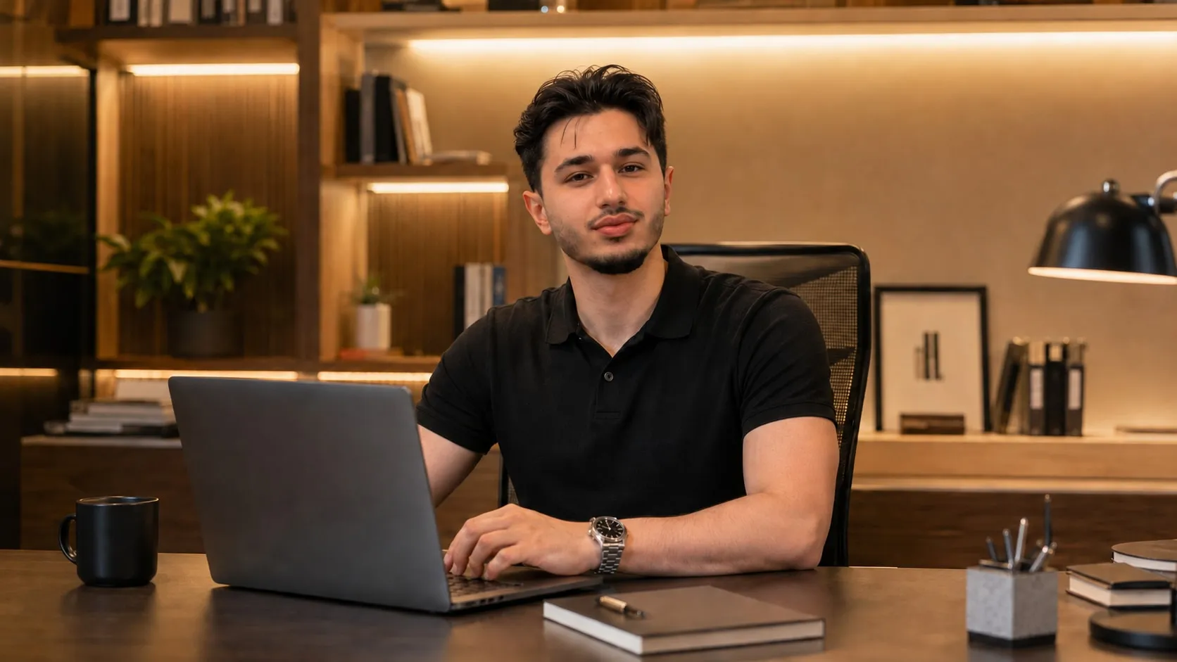 Usama Kelani working at his desk