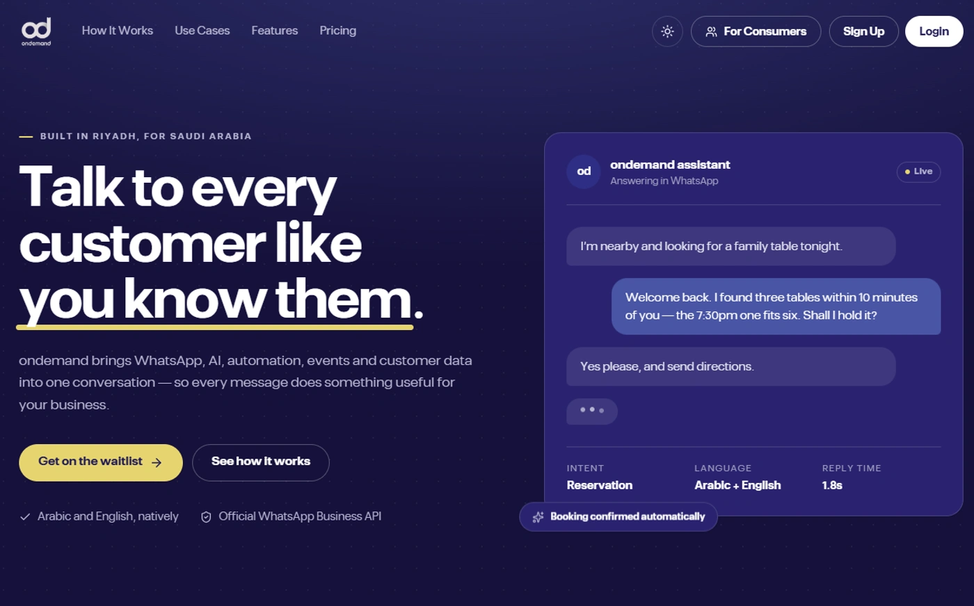 The OnDemand MENA product page: WhatsApp concierge positioning with a live assistant conversation