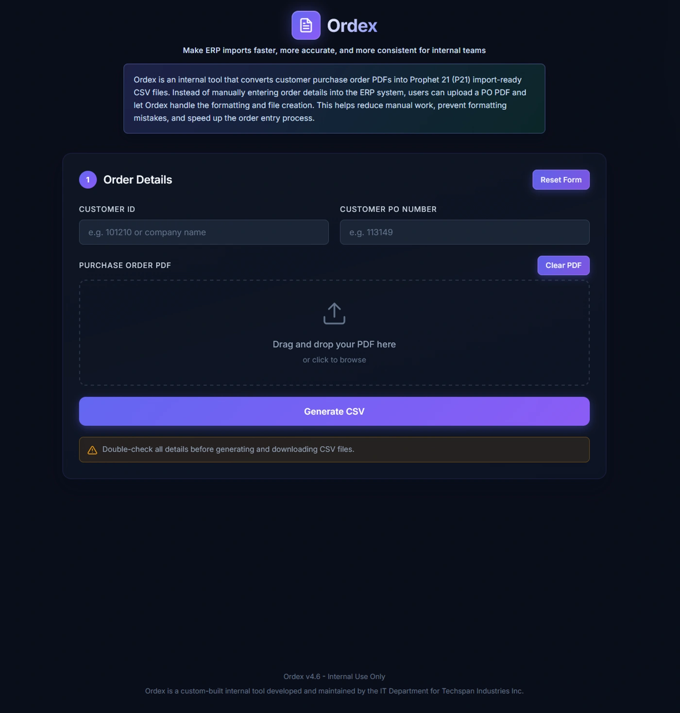 Ordex order-entry screen: customer ID, PO number, and PDF drop zone