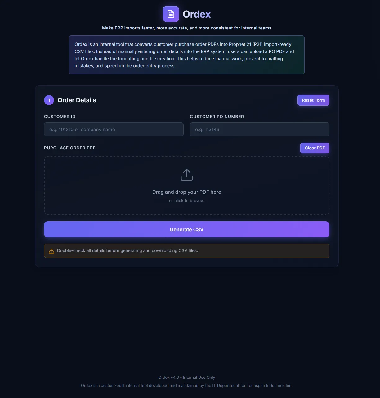 Ordex order-entry screen — customer ID, PO number, and PDF drop zone